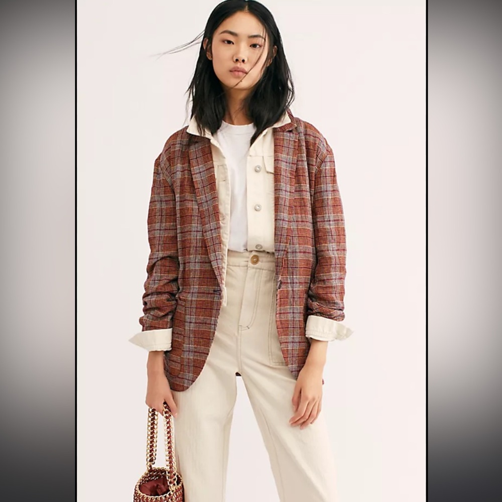 Free People Simply Plaid Blazer - Pomegranate